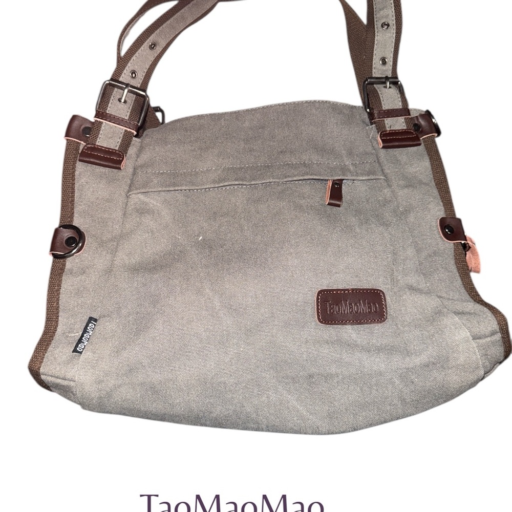 Gray Canvas Casual Shoulder Bag Tote Satchel Purse with Leather Trim